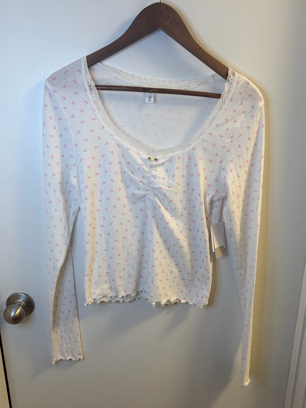 NWT BP. Nordstrom Ivory Pink Tiny Bows Long Sleeve Thermal Top Size L
